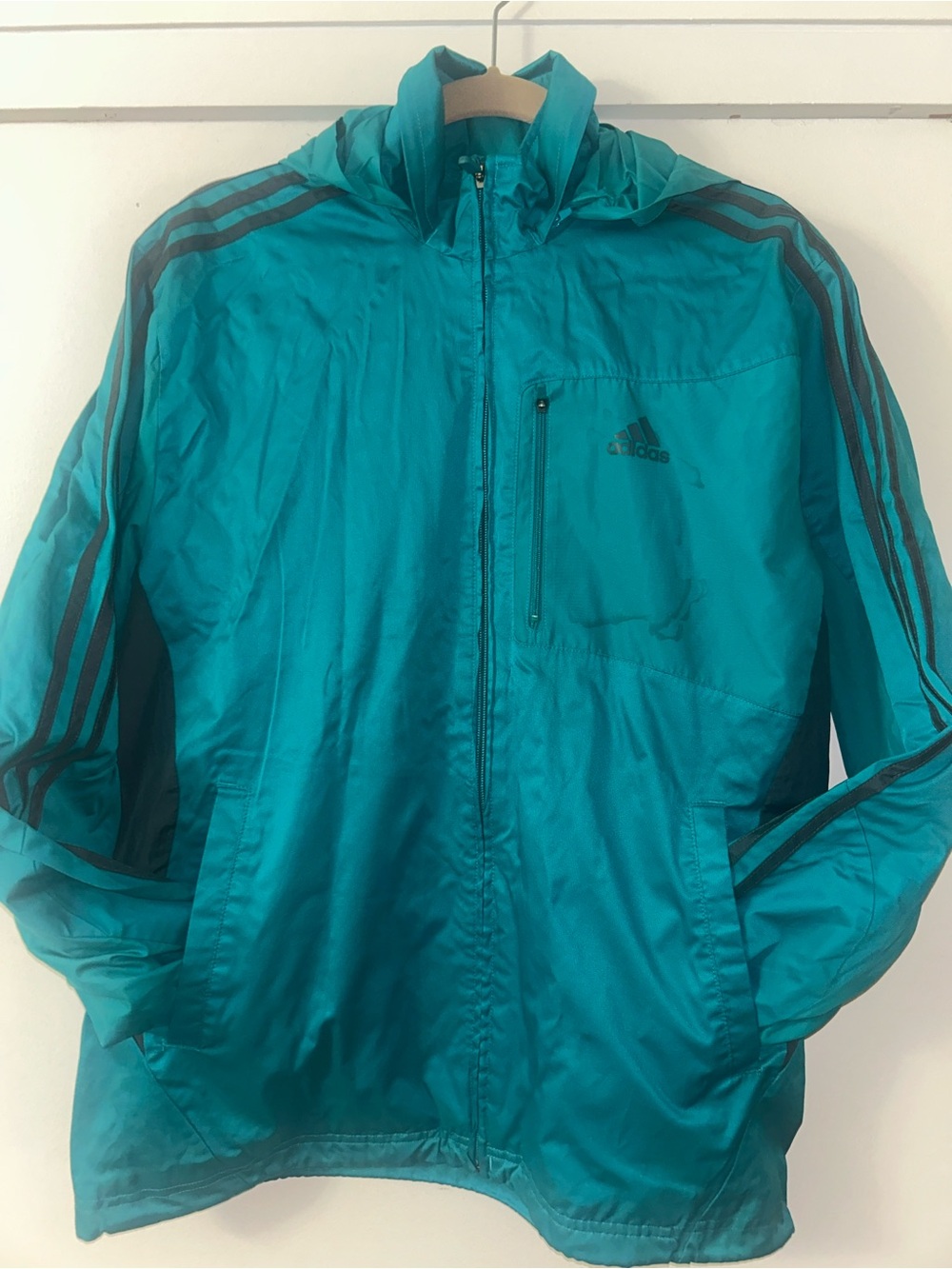 adidas Teal Blue Windbreaker Jacket with Dark Stripe Accents